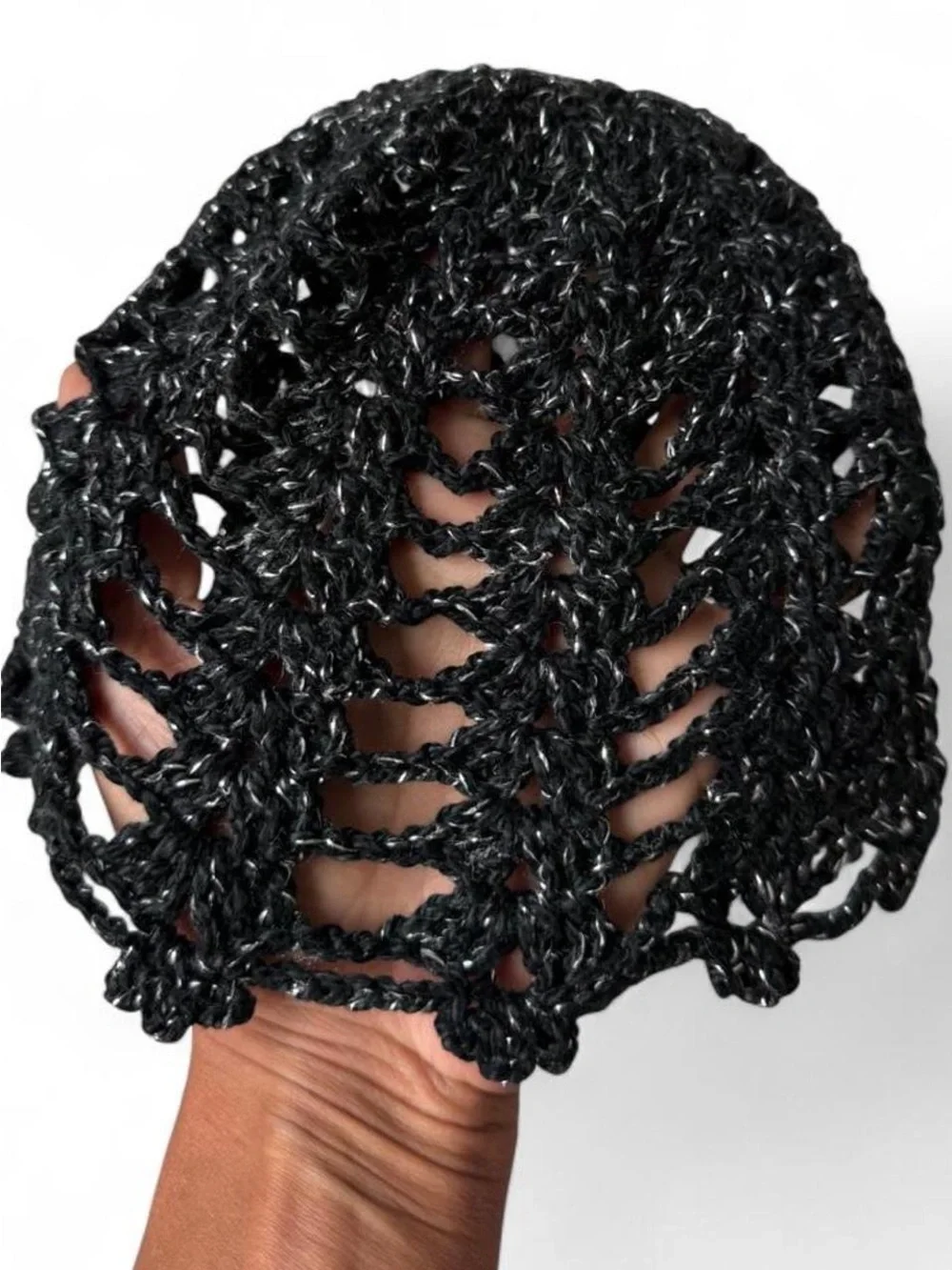 Black Metallic Crochet Beanie Hat - Women Accessories